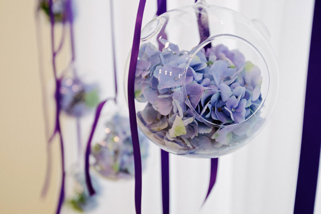 hanging purple hydrangeas glass terrarium