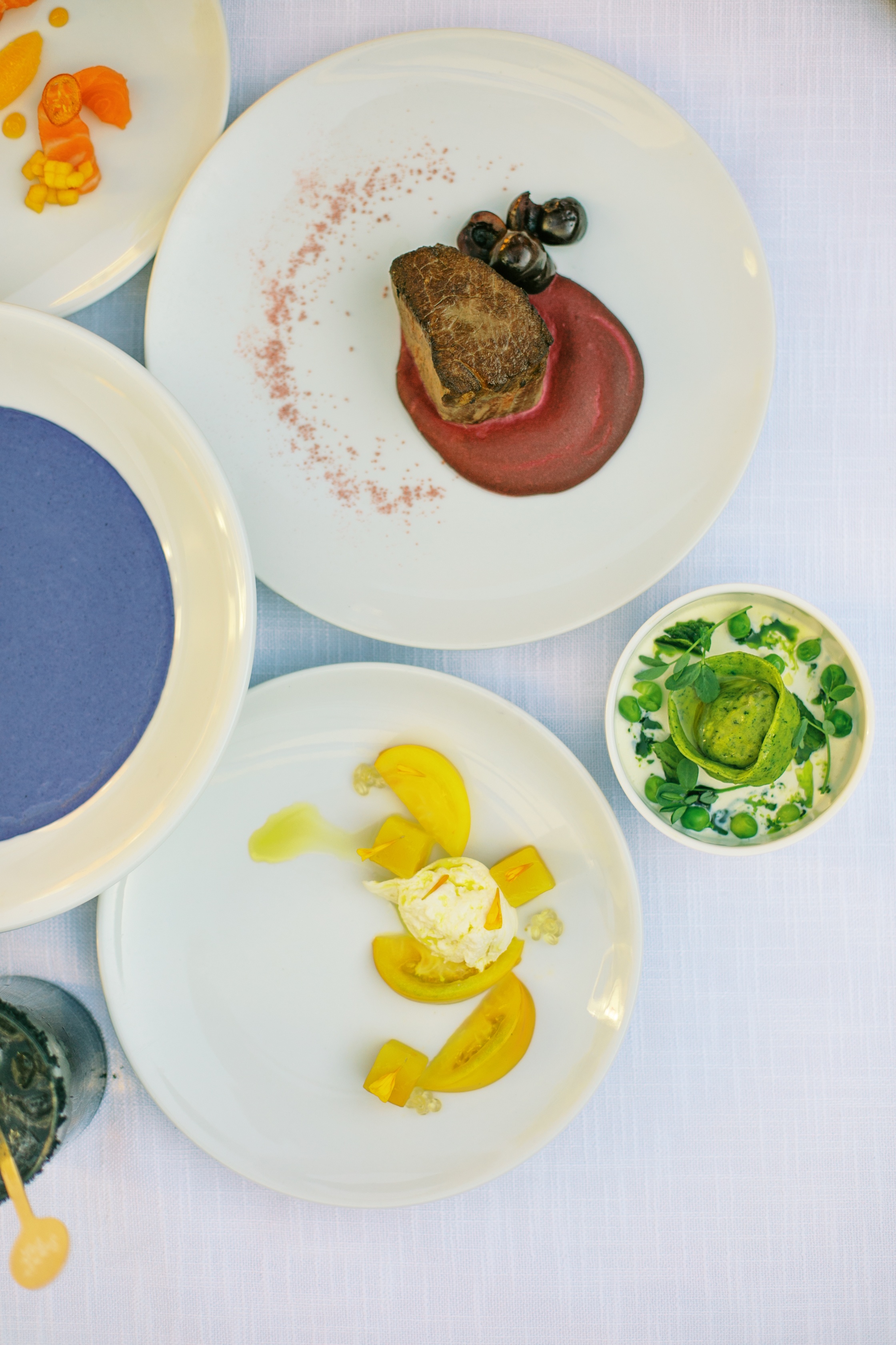 White plates with a food item that is only 1 color. In the middle right is a green tortellini, In the top middle is a red dish with steak and beet puree, underneath it are yellow tomatoes, yellows beets, yellow micro flower petals and burrata.