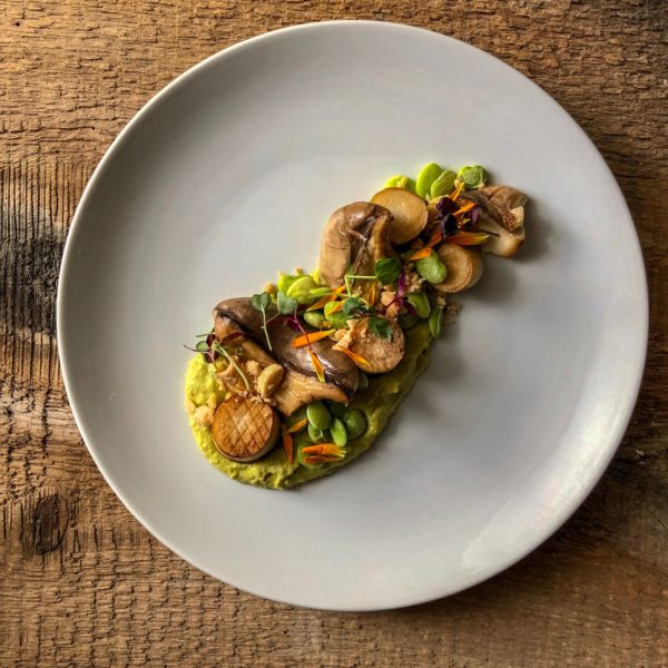 Overhead of beautifully plated mushrooms with a green puree underneath and topped with microgreens, edamame and edible flowers