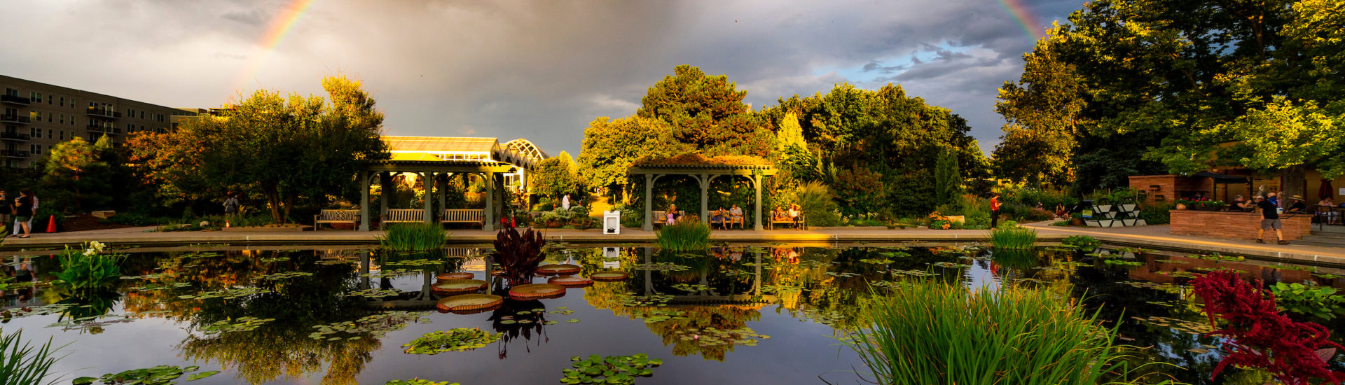 A rainbow in a cloudy sky over a garden with a large pond and pergolas