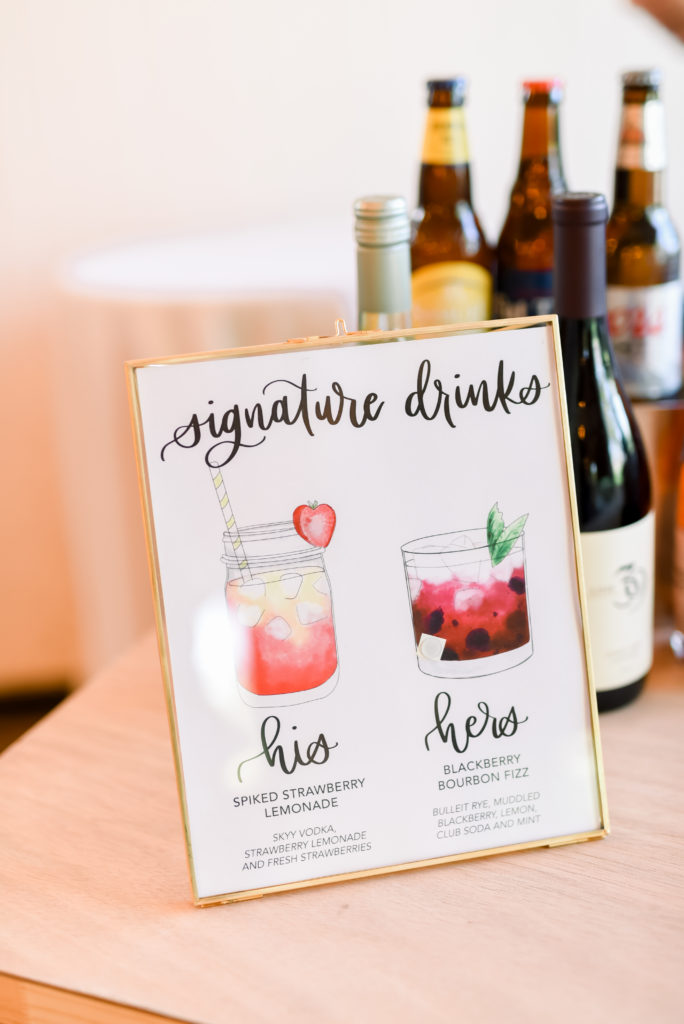 Watercolor signature drink sign in a gold frame. With text description for "His" and "Her" Drinks