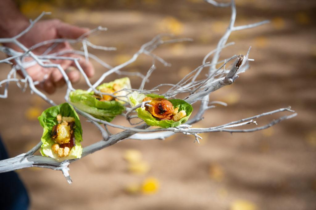 A white branch holding three small hors d'oeuvres with lettuce, tomato and croutons